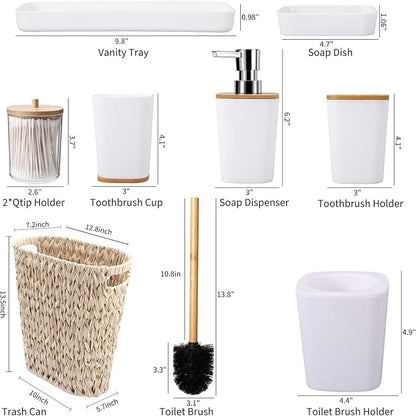 Bathroom Accessory Set with Wicker Trash Can, Beige Bathroom Accessories Set White Bathroom Sets Small Waste Basket Bathroom Trash Can for Bedroom Bathroom