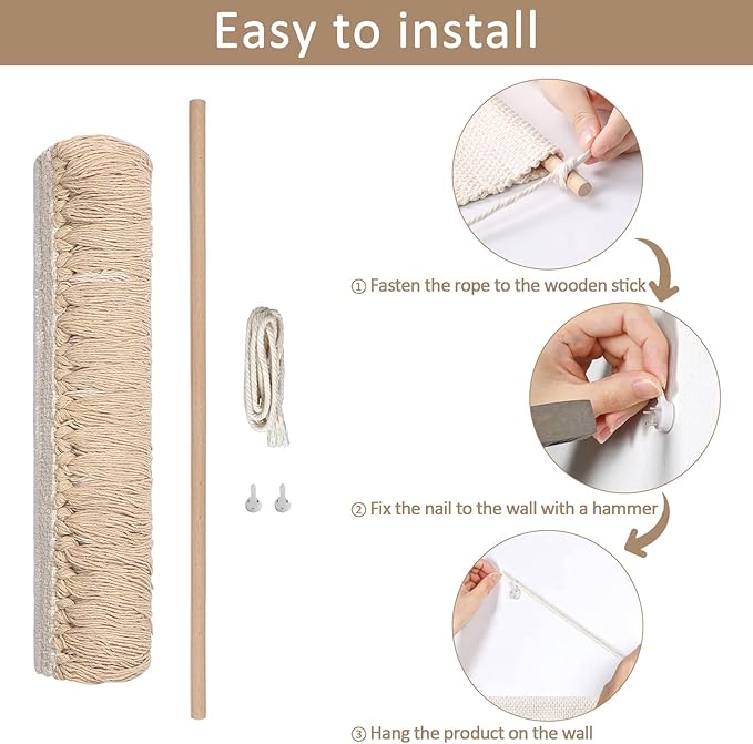 Dremisland Macrame Woven Wall Hanging Home Decor Bohemian Beige Geometric Wave Art Decor with Wool Ball and Tassle-Elegant Apartment Bedroom Dorm Room Door Decoration, 15.7" W x 22" L (Beige Wool Ball)