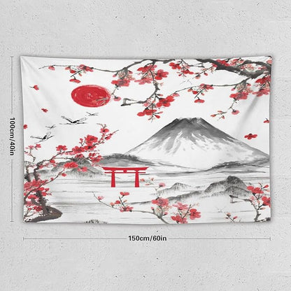 Red Cherry Blossoms Tapestry, Japanese Fuji Mountain Tapestry, Asian Japanese Wall Tapestry, Nature Landscape Tapestries for Bedroom Living Room Decor 60"x40"