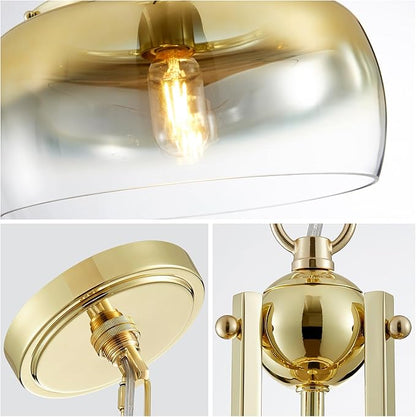 WUZUPS Gold Chandelier Rustic Farmhouse Industrial Round Ceiling Pendant LED Light Fixture with Gradient Glass Shade for Dining Room Kitchen Island Foyer Entryway, H 17" W 13.4", E26 Base