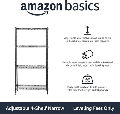 Amazon Basics 4-Shelf Steel Wire Storage Rack, Adjustable, Sturdy, Easy Assembly, 13.4 D x 23.2 W x 48 H in, Black