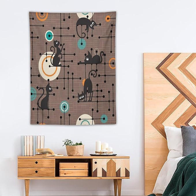 ICMOLYYENLO Boho Medieval Cat Tapestry, Abstract Atomic Starburst Geometric Aesthetic Art Wall Hanging For Bedroom Living Room Dormitory 40x60 Inches