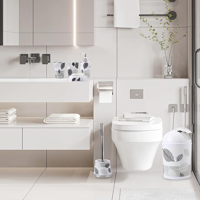 8 Piece Grey Bathroom Sets with Toothbrush Holder,Toothbrush Cup,Lotion Soap Dispenser,Soap Dish,Toilet Brush,Trash Can,Qtip Holder