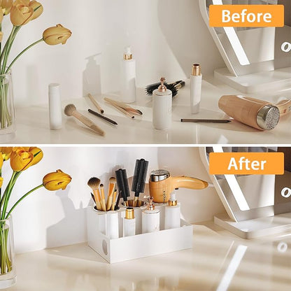 White Hair Tool Organizer Acrylic Hair Dryer and Styling Holder, Bathroom Countertop Blow Dryer Holder, Vanity Caddy Storage Stand for Accessories, Makeup, Toiletries