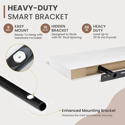 24 Inch Floating Shelves, 8 Inch Deep Floating Shelves for Wall, Hanging Shelf with Invisible Brackets, Deep Shelves for Bathroom, Bedroom, Living Room, White, Set of 2