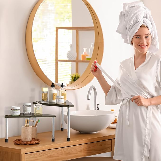 Weenson Bathroom Counter Organizer Corner Shelf - 2 Tier Bathroom Organization Bamboo Bathroom Sink Shelf Kitchen Countertop Organizer Adjustable Free-Standing Counter Storage Shelf(Antique)