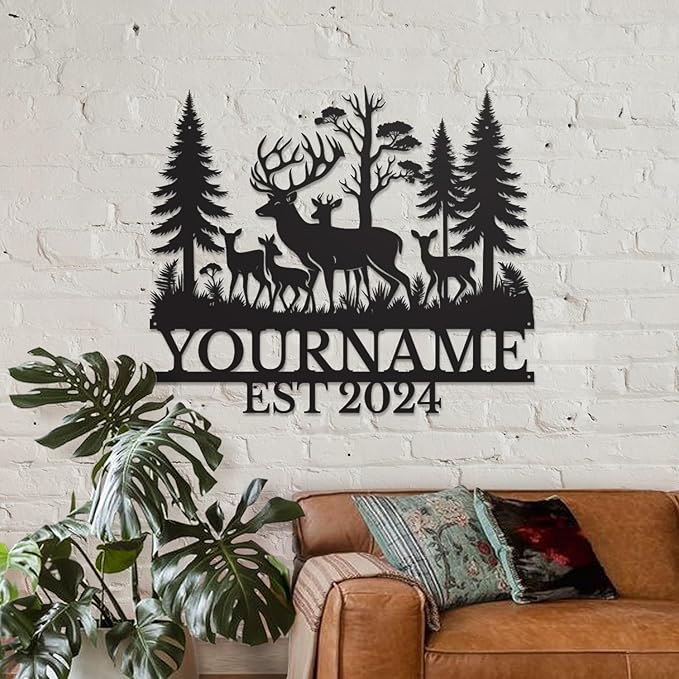 Personalized Deer Forest Name metal Signs,Custom Shed Metal Wall Decor,Black Deer Metal Wall Art Decor,Deer Home Metal Signs Plaques,Outdoor wall Decorative Signage (Style E)