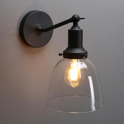 PERMO Industrial Vintage Sconces Slope Pole Single Sconce with 6.7" Oval Dome Clear Glass Shade Matte Black Wall Sconce Wall Mount Light Fixture for Bathroom Bedroom Entryway Home Office Kitchen