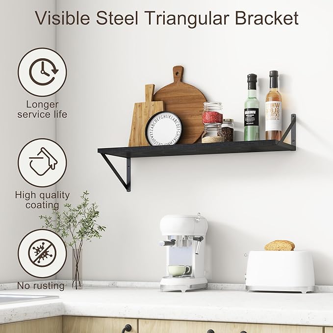 10 Inch Deep Floating Shelves, Black Floating Shelves 30 Inch Long, Rustic Wood Wall Shelves 30"W x 10"D, Deep Floating Shelf with Bracket, Wide Storage Shelves for Books, Living Room, Bathroom