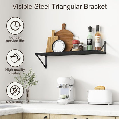 10 Inch Deep Floating Shelves, Black Floating Shelves 30 Inch Long, Rustic Wood Wall Shelves 30"W x 10"D, Deep Floating Shelf with Bracket, Wide Storage Shelves for Books, Living Room, Bathroom