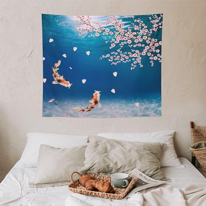 Japanese Koi Fish Tapestry, Cherry Blossoms Asian Oriental Blue Floral Branch Koi Fish Carp Tapestries Wall Hanging for Bedroom Living Room Office Decor 60"x50"
