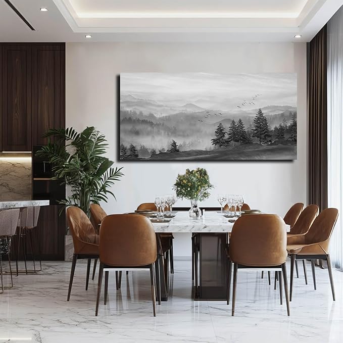 SOUGUAN Grey Wall Decor Foggy Mountain Wall Art Tree and Bird Pictures Artwork for Walls Living Room for Bedroom Kitchen Dining Room Home Office 30x60 Inch