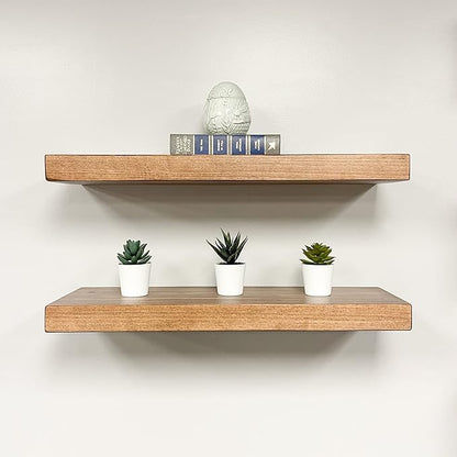 URBANDI, Rustic Floating Shelves, Set of 2, Hidden Bracket, Solid Wood, Heavy Duty, Wall Mounted Shelves, (Brown, 12Wx12D)