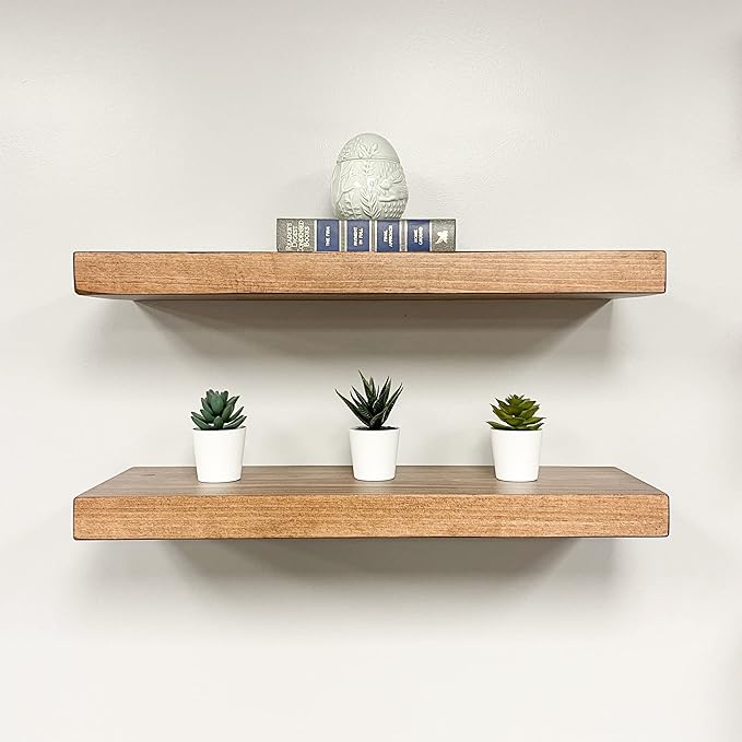 URBANDI, Rustic Floating Shelves, Set of 2, Hidden Bracket, Solid Wood, Heavy Duty, Wall Mounted Shelves, (Brown, 36Wx12D)