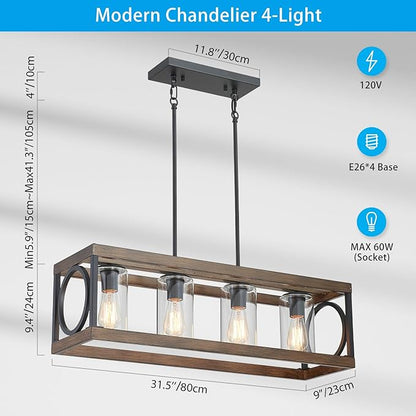 XINGQI Rectangle Chandeliers 31.5" Farmhouse Kitchen Island Lighting Fixture Over Table Modern Vintage Linear Hanging 4-Light for Dining Room Living Room Black Wood Grain Finish with Glass Lampshade