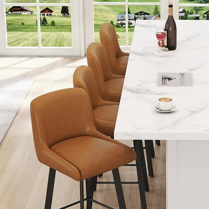 Swivel Counter Height Bar Stools Set of 3, 26''H Upholstered Barstools with Backs, Modern Bar Stool Chairs for Kitchen Island, Metal Legs, Faux Leather, Whiskey Brown Stools Counter Chair