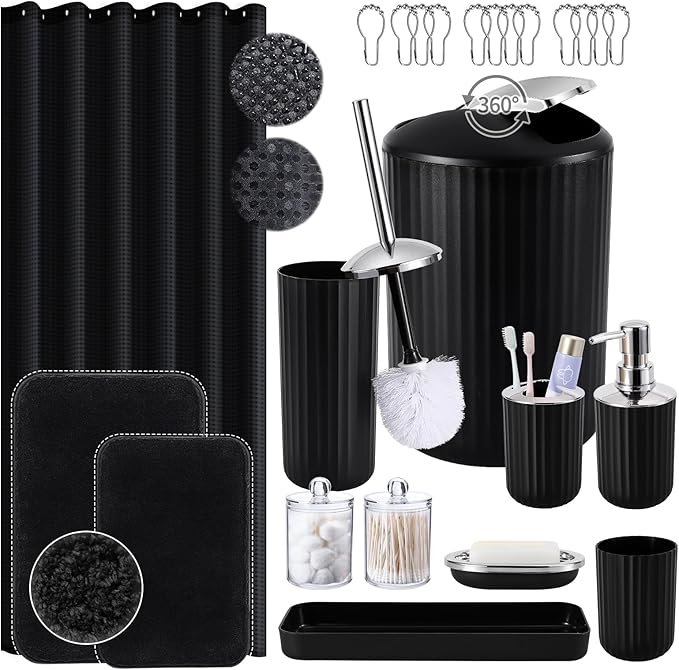 24 PCS Black Bathroom Accessories Set with Shower Curtain and Rugs, Bathroom Sets with Extra Soft and Absorbent Bath Rugs Shower Curtain Black Bathroom Sets for Bath