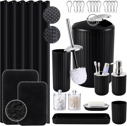 24 PCS Black Bathroom Accessories Set with Shower Curtain and Rugs, Bathroom Sets with Extra Soft and Absorbent Bath Rugs Shower Curtain Black Bathroom Sets for Bath
