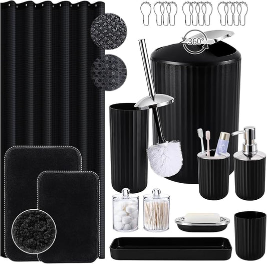 24 PCS Black Bathroom Accessories Set with Shower Curtain and Rugs, Bathroom Sets with Extra Soft and Absorbent Bath Rugs Shower Curtain Black Bathroom Sets for Bath