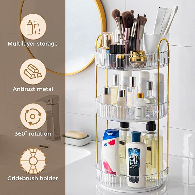 360° Rotating Makeup Organizer, Upgraded 3 Tier Skincare Perfume Organizers for Women, Bathroom Organizer Countertop, Clear Cosmetic Dresser Organizer with Makeup Brush Holder, Sink&Counte (Clear)