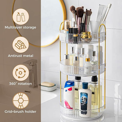 360° Rotating Makeup Organizer, Upgraded 3 Tier Skincare Perfume Organizers for Women, Bathroom Organizer Countertop, Clear Cosmetic Dresser Organizer with Makeup Brush Holder, Sink&Counte (Clear)