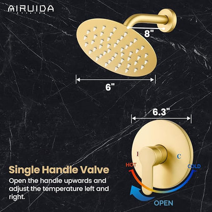 Airuida Shower Faucet Set,Single Function Shower Trim Kit,Wall Mount 6 Inch Round Rainfall Shower Head and Handle Set,Single Handle Shower System Set Male Threads Rough-in Valve Brushed Gold