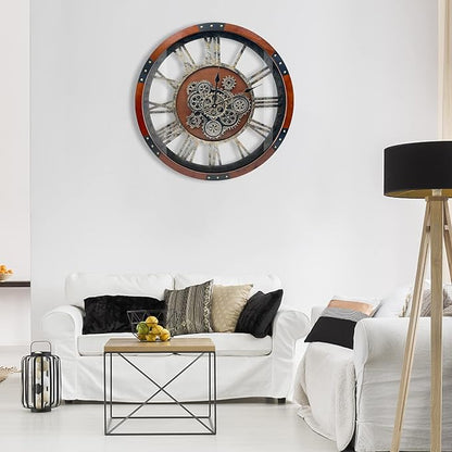 Large Wall Clock for Living Room Decor, 27 Inches Oversized Vintage Wood Decorative Steampunk Farmhouse Wall Clock for Rustic, Retro, Industrial,Kitchen,Office,Working Gears