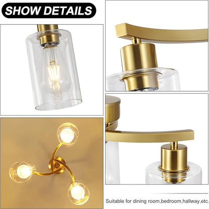 3-Light Gold Dining Room Chandeliers Over Table, Contemporary Kitchen Island Pendant Lighting, Industrial Hanging Light Fixture for Entryway Hallway Foyer Bedroom, Clear Glass Shade
