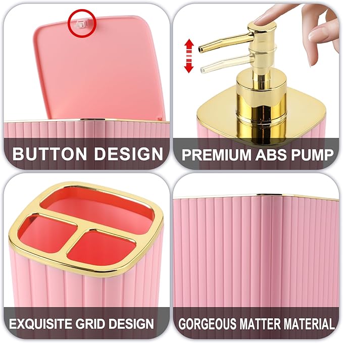 Pink Bathroom Accessories Set - Gorgeous Bathroom Set, 10PC Bathroom Accessory Set, Toilet Brush, Trash Can, Qtip Holder Dispenser & Soap Dispenser