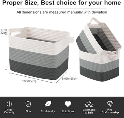 OIAHOMY Storage Basket, Woven Baskets for Storage, Cotton Rope Basket for toys,Towel Baskets for Bathroom - Pack of 3, Gradient Dark Gray