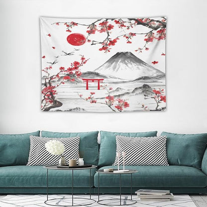 Red Cherry Blossoms Tapestry, Japanese Fuji Mountain Tapestry, Asian Japanese Wall Tapestry, Nature Landscape Tapestries for Bedroom Living Room Decor 40"x30"