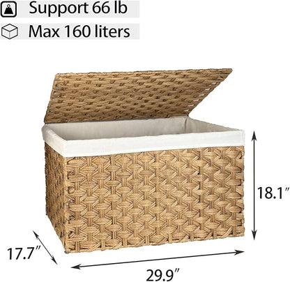 Wicker Storage Basket with Lid, 42.3 Gallon (160L) Large Blanket Basket with Lid, Woven Storage Bin with Handles, Removable Liner, Metal Frame, Foldable, for Bedroom, Laundry Room, Natural