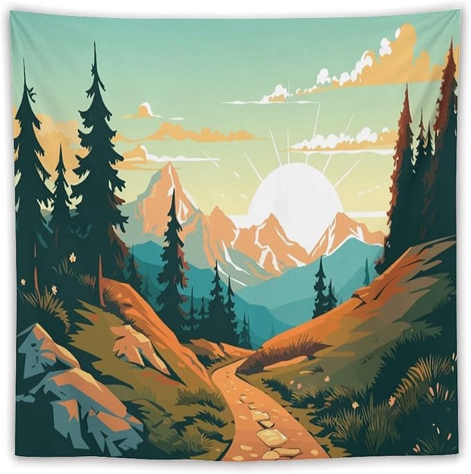 HZOHNAGO Mountain Tapestry Forest Mountain Sunrise Road Pattern Printed Wall Tapestry Wall Hanging for Bedroom Living Room Dorm 60" W x 60" H