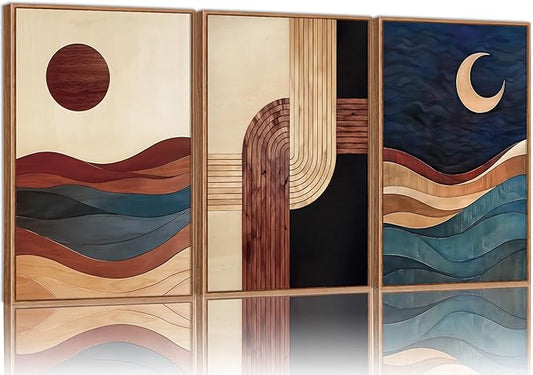 SIGNINART Boho Mid Century Modern Framed Canvas Wall Art, Bohemian Geometric Wall Decor, Abstract Sun and Moon Artwork,Beige and Black Wooden Art Paintings for Living Room Bedroom Office 16"x24"x3