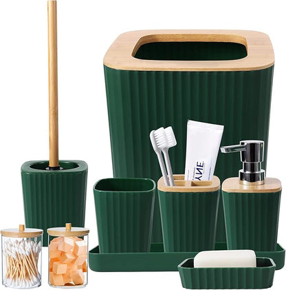 Dark Green Bathroom Accessories Set, 9-Piece Green Bathroom Set with Trash Can, Tray, Soap Dispenser, Toothbrush Holder, Toothbrush Cup, Soap Dish, Toilet Brush and Q-tip Holders