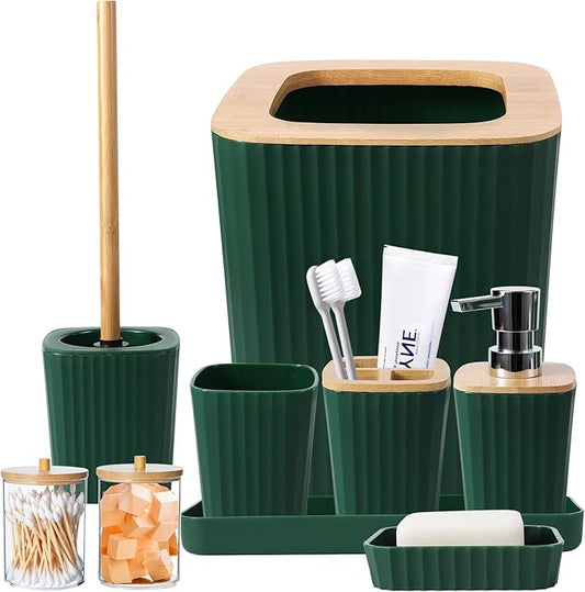 Dark Green Bathroom Accessories Set, 9-Piece Green Bathroom Set with Trash Can, Tray, Soap Dispenser, Toothbrush Holder, Toothbrush Cup, Soap Dish, Toilet Brush and Q-tip Holders