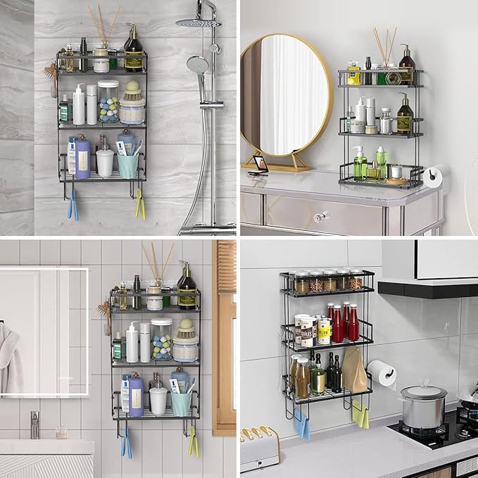 Over The Toilet Storage Shelf, 3-Tier Bathroom Storage Organizer Upgrade Punch-Free Toliet Storage Shelf, Home Storage Rack with Hooks Shelf,Black