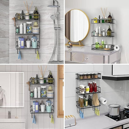 Over The Toilet Storage Shelf, 3-Tier Bathroom Storage Organizer Upgrade Punch-Free Toliet Storage Shelf, Home Storage Rack with Hooks Shelf,Black