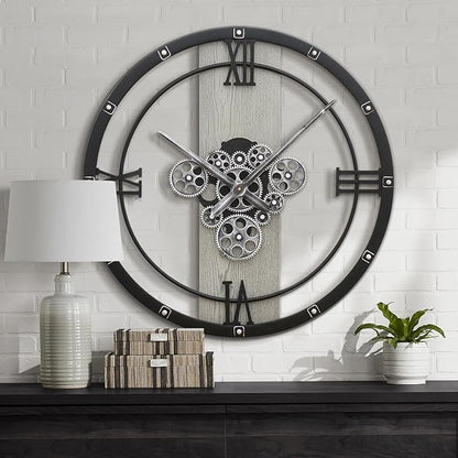 Micasso 24 inch Large Real Moving Gears Wall Clock: Black Industrial Steampunk Roman Numeral Clock - Modern Wall Decor for Living Room/Entryway/Office