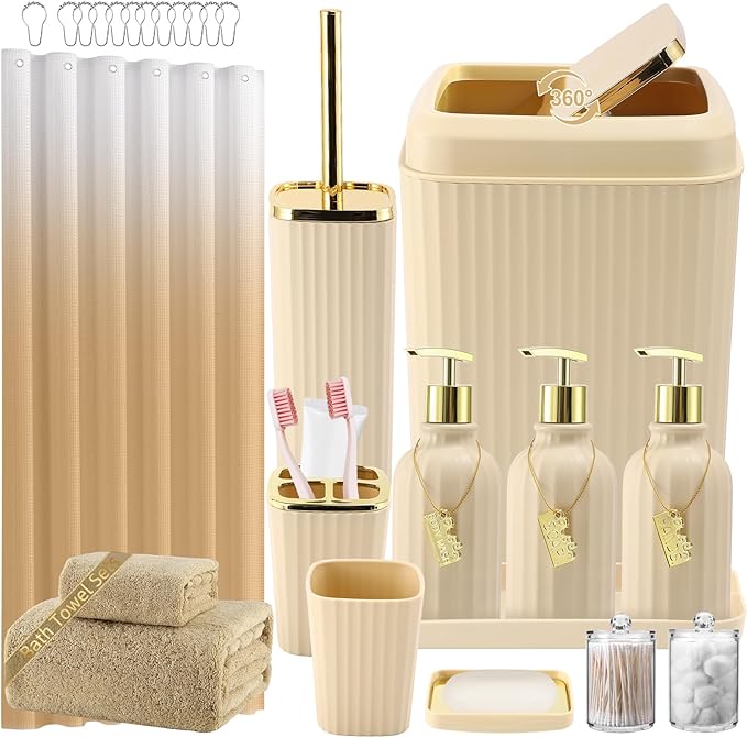 32PCS Bathroom Accessories Set Bathroom Set,Beige Shower Curtain Set,Bath Towel Set,Hand Towel,Toilet Brush,Trash Can & 3PCS Soap Dispenser