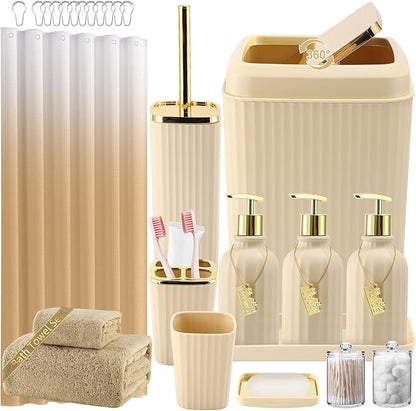 32PCS Bathroom Accessories Set Bathroom Set,Beige Shower Curtain Set,Bath Towel Set,Hand Towel,Toilet Brush,Trash Can & 3PCS Soap Dispenser
