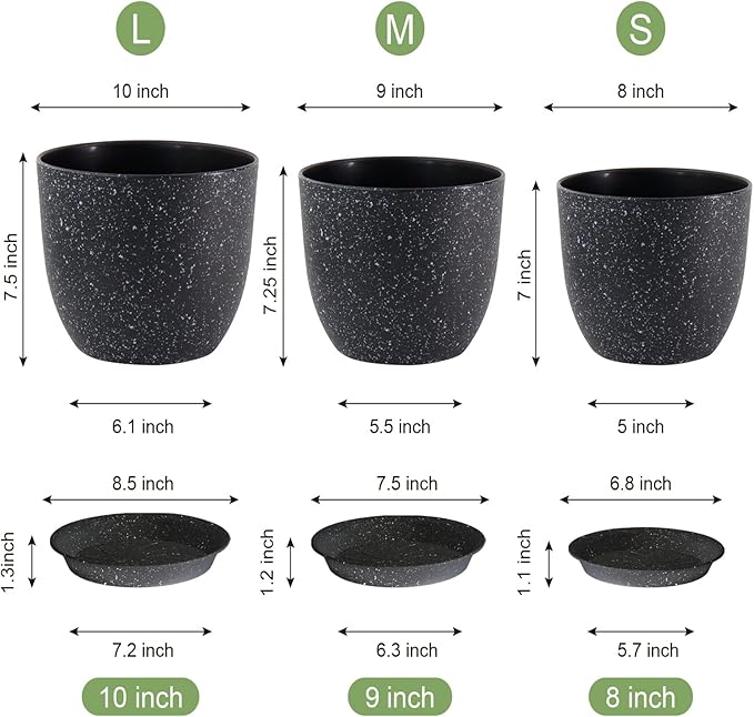 Plant Pots 10/9/8 inch, Set of 3 Modern Decorative Plastic Planters with Drainage Holes and Saucers for Garden House Plants, Flower Pots for Indoor Outdoor Plants, Speckled Black