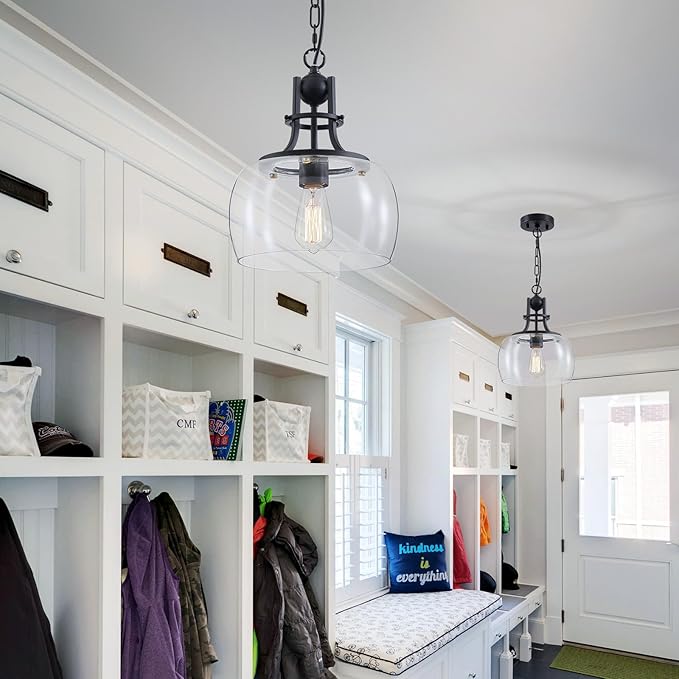 WUZUPS Chandelier Rustic Farmhouse Industrial Round Ceiling Pendant LED Light Fixture with Clear Glass Shades for Dining Room Kitchen Island Foyer Entryway, H 13" x W 10", E26 Base, Black