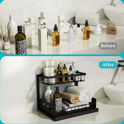 REALINN Under Sink Organizer, Pull Out Cabinet Organizer Slide Out Sink Shelf Cabinet Storage Shelves, Storages for Kitchen Bathroom, Black, 2 Pack