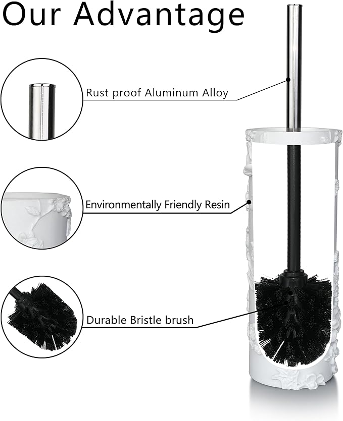 White Floral Branches Design Resin Toilet Bowl Brush and Holder Set, Elegant Bathroom Cleaning Tool with Durable Bristles, Compact and Functional