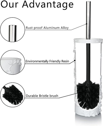 White Floral Branches Design Resin Toilet Bowl Brush and Holder Set, Elegant Bathroom Cleaning Tool with Durable Bristles, Compact and Functional