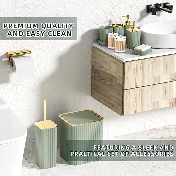 Bathroom Accessories Set - Gorgeous Bathroom Set, 10PC Sage Green Bathroom Accessory Set, Toilet Brush, Trash Can & Soap Dispenser