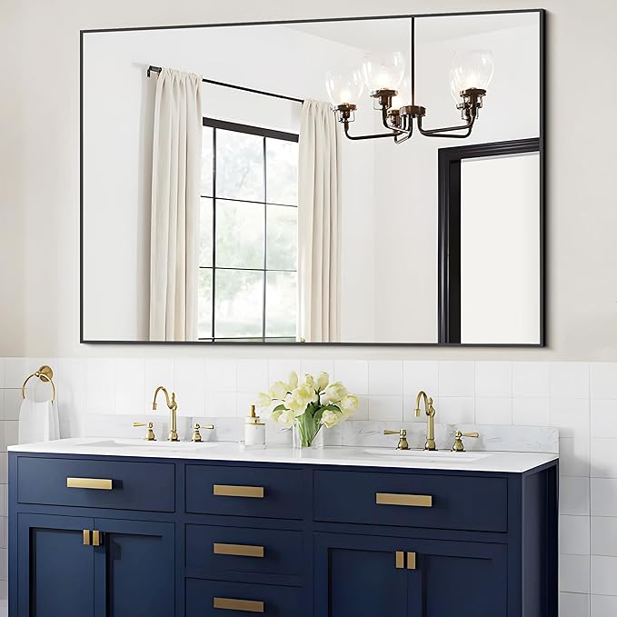 Black Bathroom Mirror, 48"X36" Rectangle Mirrors for Wall Metal Frame, Modern Vanity Wall Mirror for Bathroom Living Room, Entryway Hangs Horizontal or Vertical