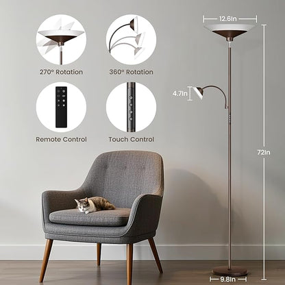 Brown Torchiere LED Floor Lamp - 72" Rotating Standing Lamp with Remote, 34W Dimmable Floor Light with Color Changing, Tall Bright Corner Lamp for Reading Living Room Bedroom Office