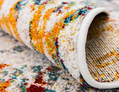 Unique Loom Rosso Collection Vintage, Geometric, Bohemian, Traditional, Distressed, Southwestern Area Rug, Round 4' 0" x 4' 0", Multi/Ivory